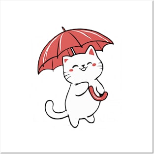 Cute Umbrella Cat in the Rain Posters and Art